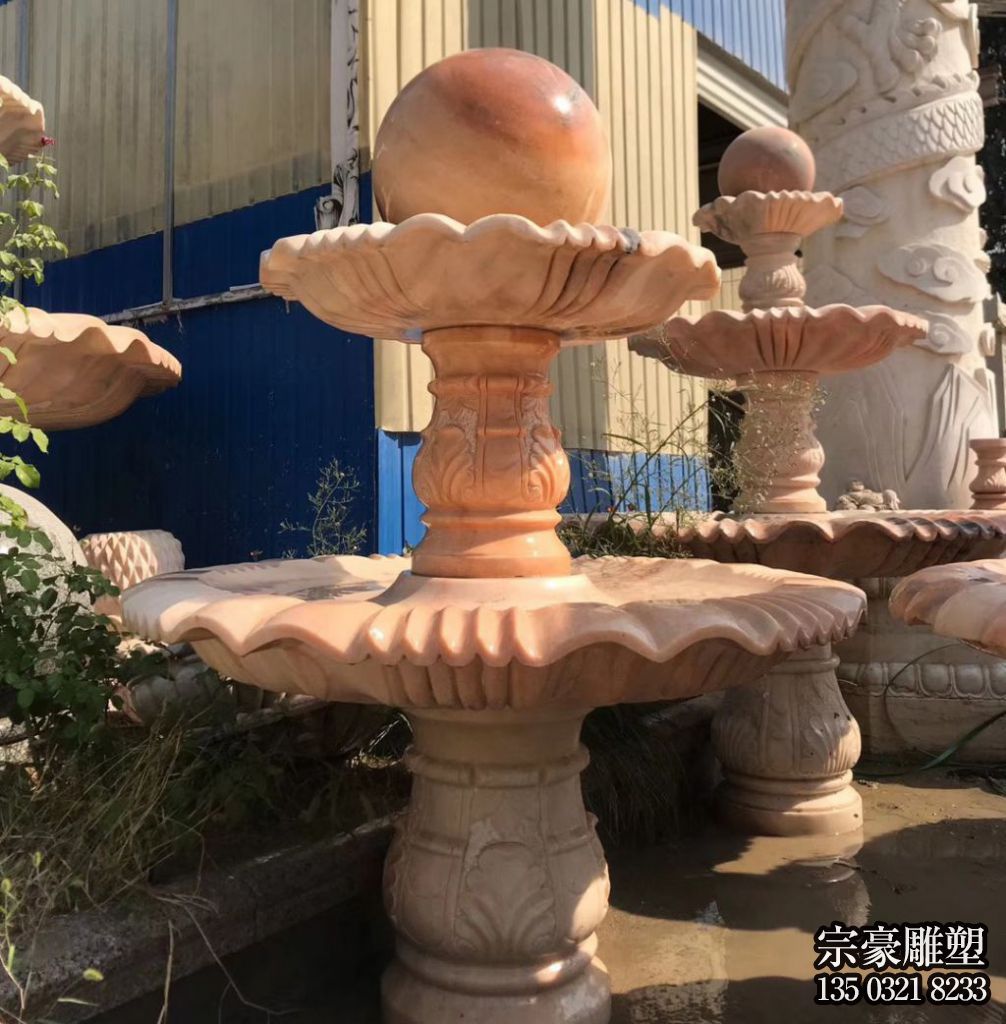 晚霞红双层风水球石雕水钵 晚霞红双层风水球石雕水钵