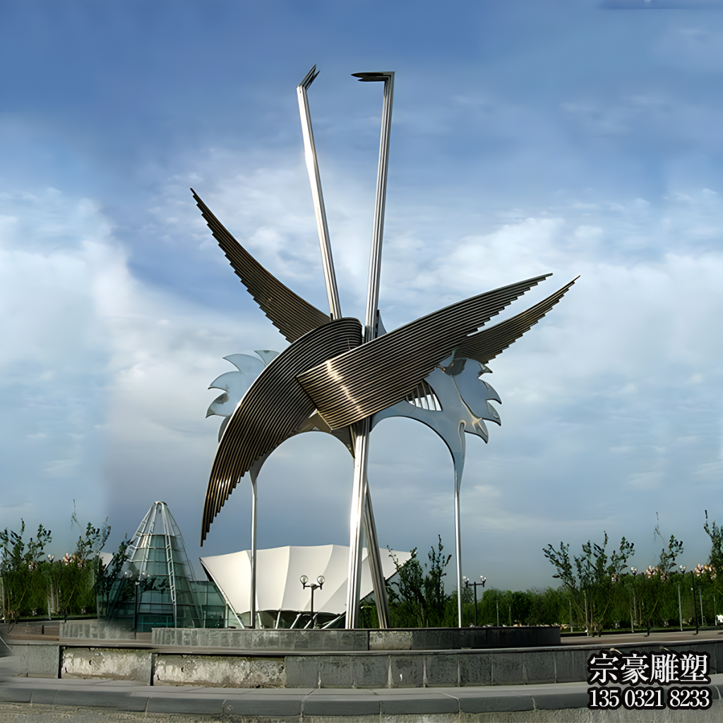不锈钢抽象仙鹤雕塑，大型户外景观动物雕塑