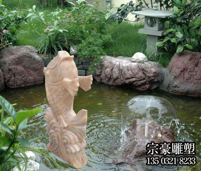池塘水景晚霞红喷水鱼石雕装饰雕塑