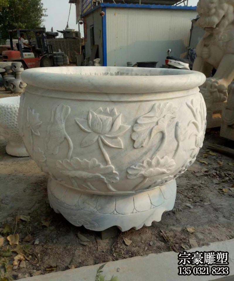 汉白玉石雕水缸雕塑摆件