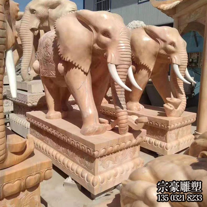 大象仿真别墅小区晚霞红石雕大象雕塑