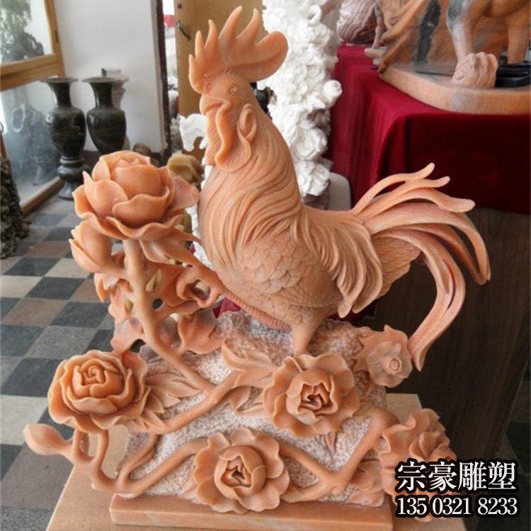 晚霞红生肖鸡石雕摆件 晚霞红生肖鸡石雕摆件