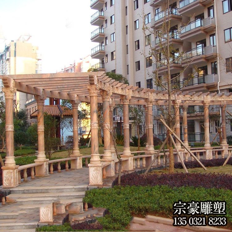晚霞红大理石石雕长廊花架 晚霞红大理石石雕长廊花架