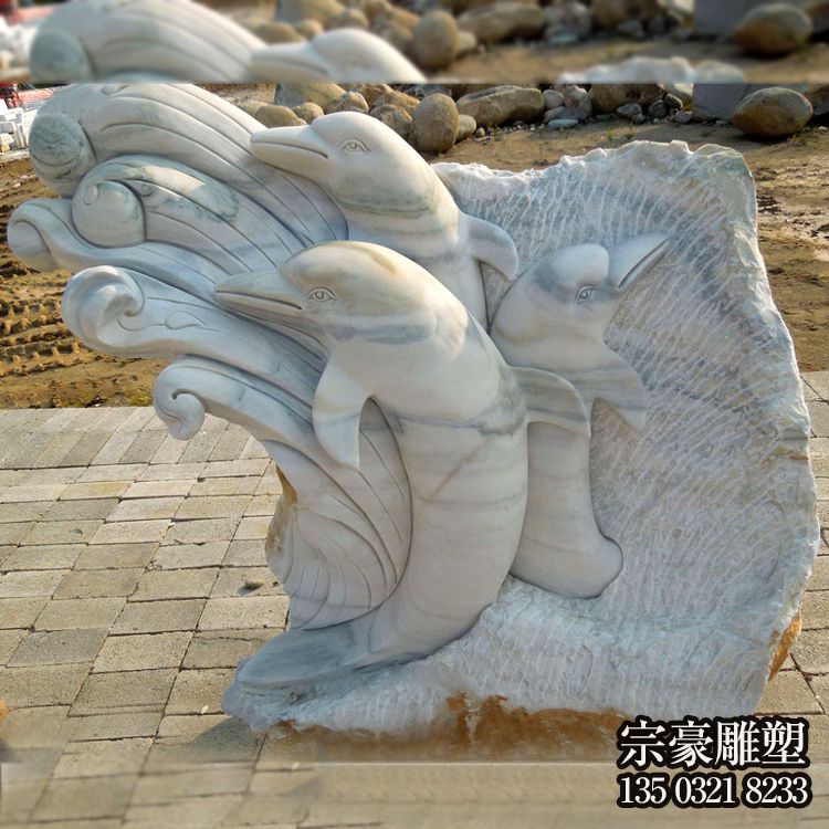 大理石戏水海豚景观石雕摆件 大理石戏水海豚景观石雕摆件
