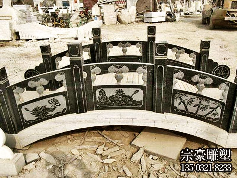 中式庭院装饰小拱桥大理石黑雕刻花纹栏杆石雕
