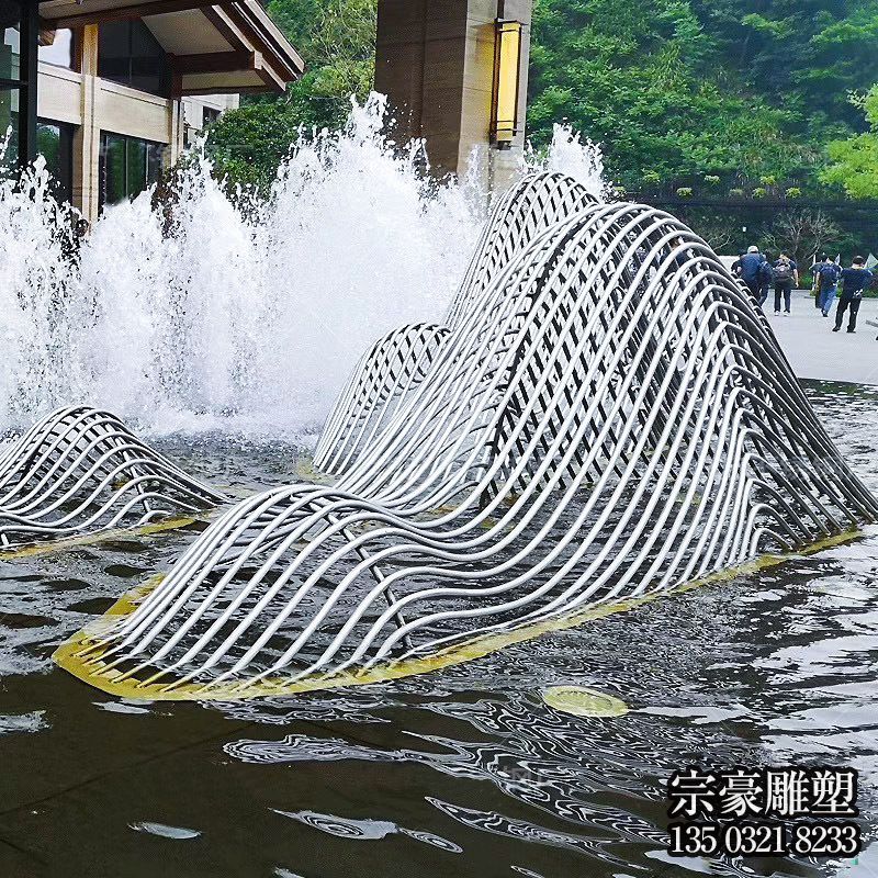 假山雕塑-酒店门口喷泉不锈钢网格假山雕塑
